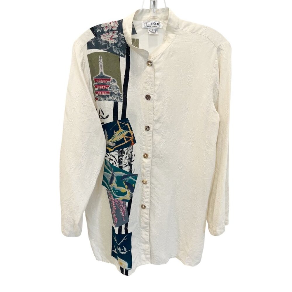 Citron Ivory Oriental Print Silk Long Sleeve Blouse Artsy Asian - Size Medium